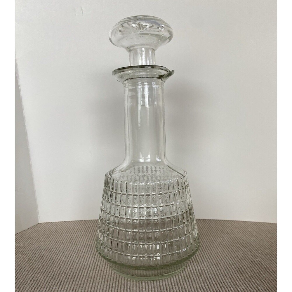 MCM Vintage Barton's Canadian Whiskey Clear Glass Decanter Waffle Pattern 10"